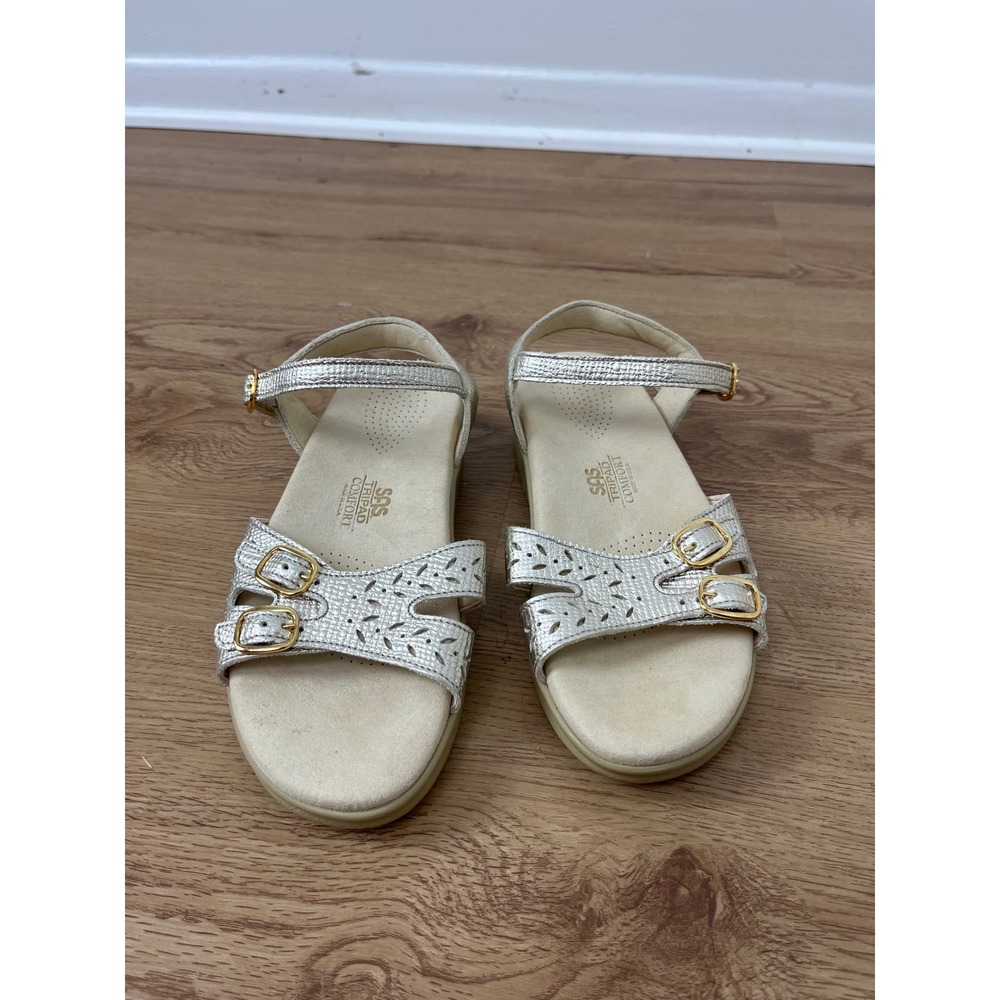 SAS Comfort Perforated Leather Sandals Women 6W Wide Silver Metallic Buckle Duo